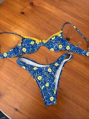 Blue Floral Two-Piece Bikini with Yellow Trim